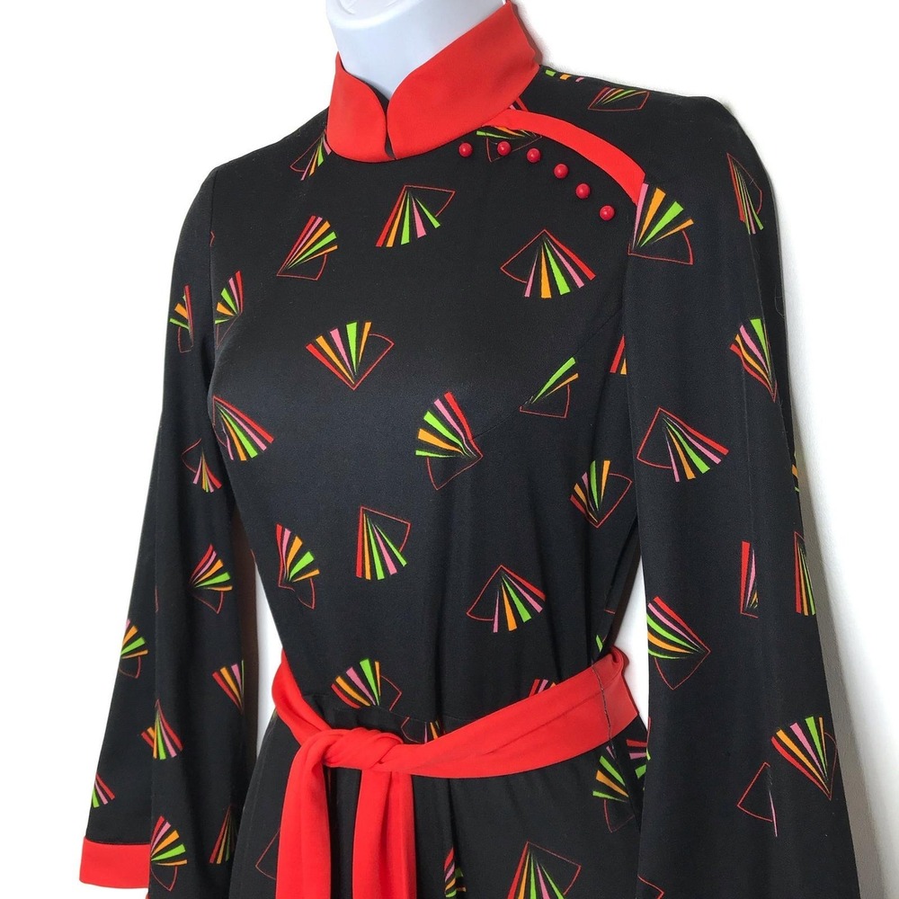vintage 1970s maxi dress kimono style Asian fan novelty print - Picture 4 of 10